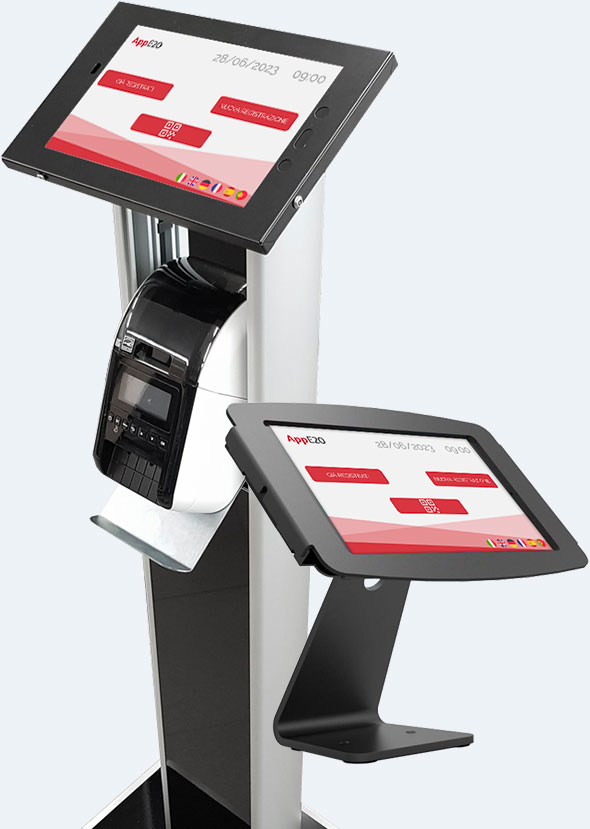 AppE20 stations: Stand totem with tablet and printer, and tabletop Desk station