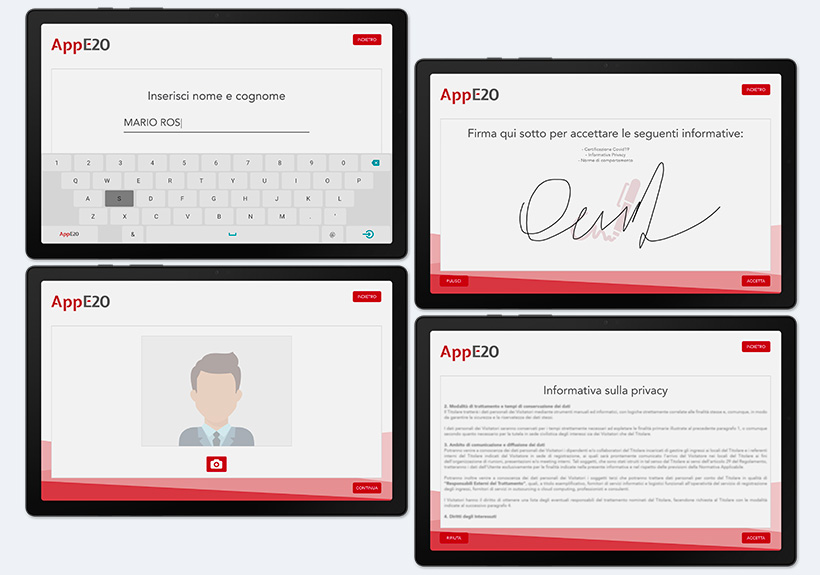 Quattro schermate AppE20 del percorso di registrazione: nome e cognome, firma, foto e informativa sulla privacy