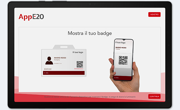 AppE20 tablet showing the "Show your badge" screen: a visitor holds the QR code on their smartphone up to it