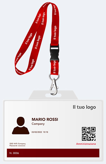 AppE20 badge with red lanyard: visitor's name, company, space for the logo and QR code