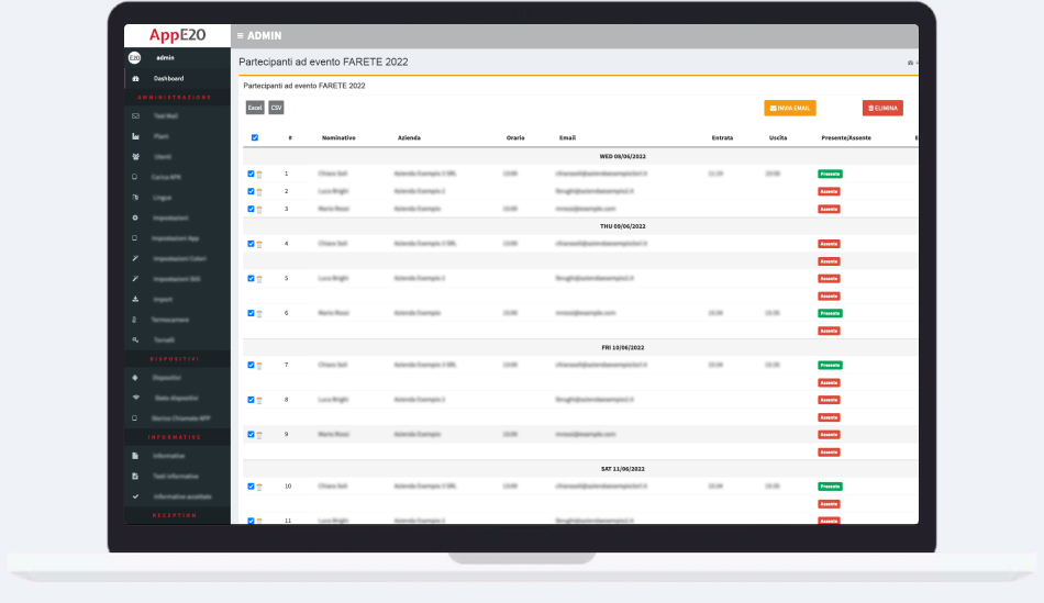 Laptop showing an event's attendance list in AppE20: attendees, entry times and status