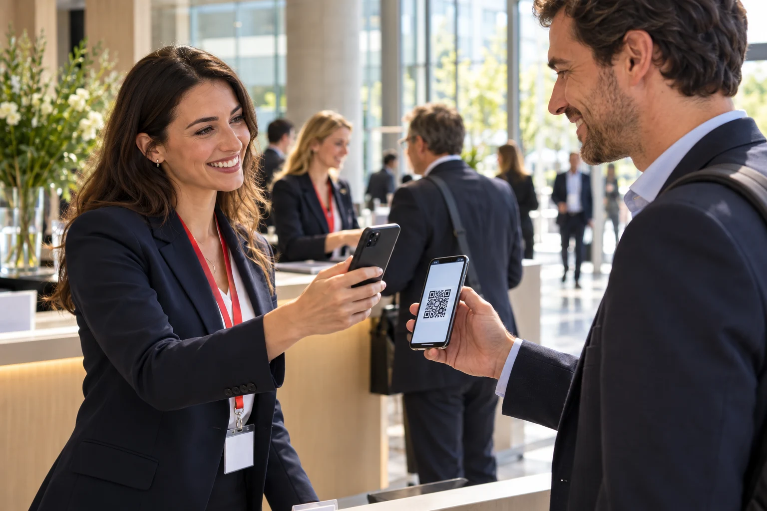Scena illustrativa di accoglienza con scansione QR a un evento
